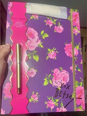 Betsey Johnson premium padfolio bright purple cover pink rose pattern gold pen